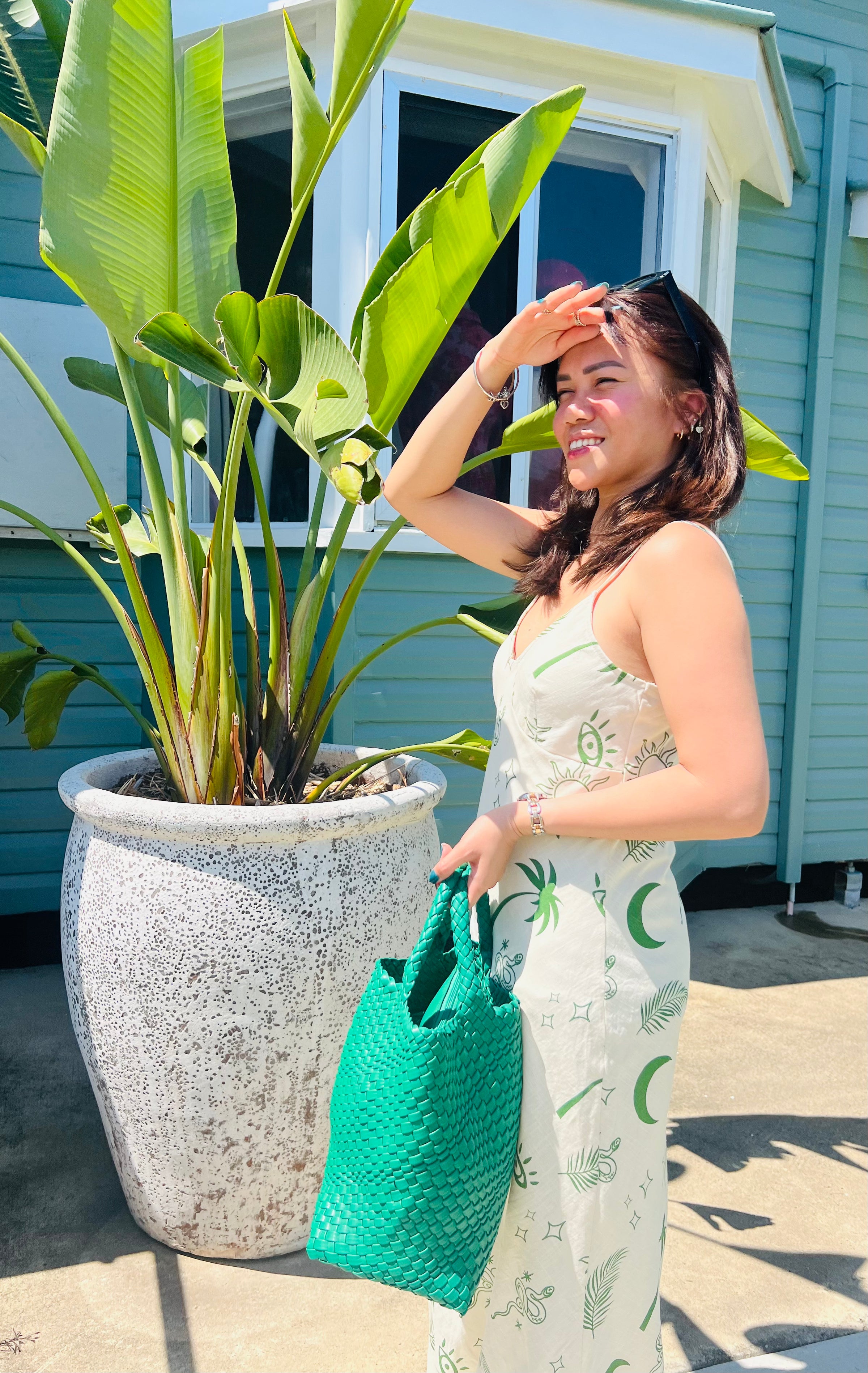 Beige and outlet green dress