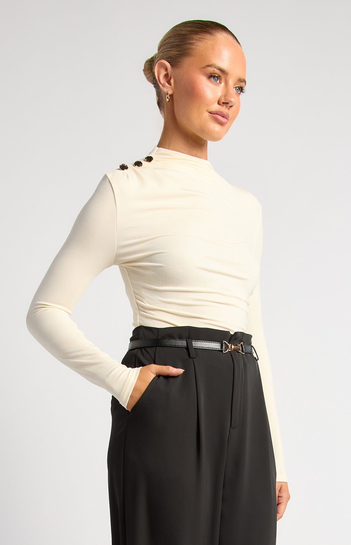 THE AURELIA MOCK NECK GOLD BUTTON TOP