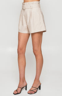 WINNIE & CO. High Waisted Paper Bag Shorts with Circle Buckle Detail / Beige