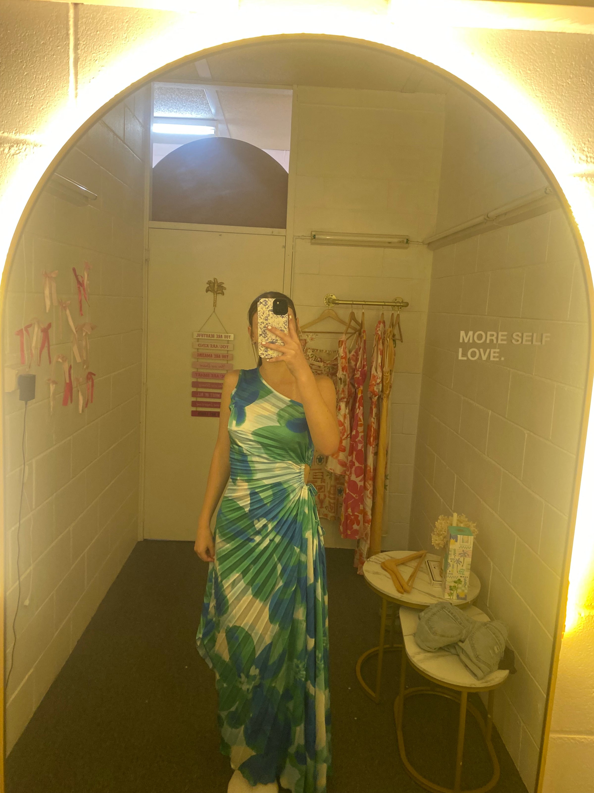 AQUA BLOOM ONE SHOULDER PLEATED DRESS