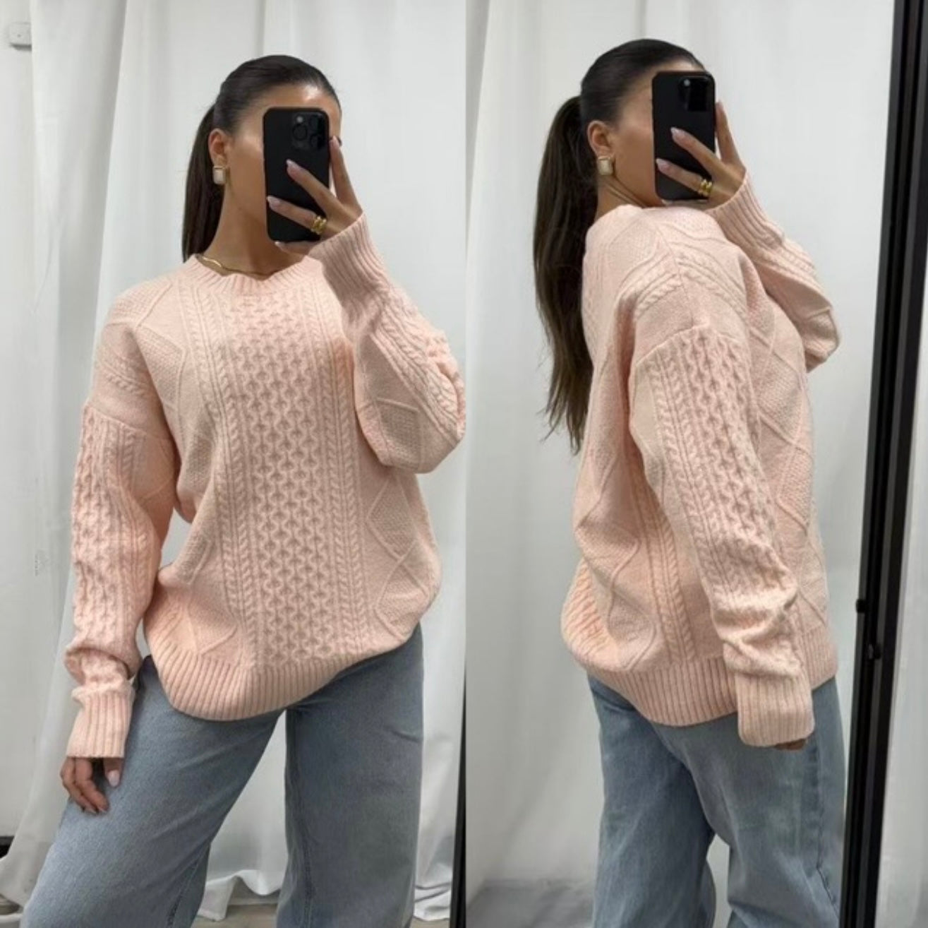 SOFT BLUSH CABLE KNIT SWEATER