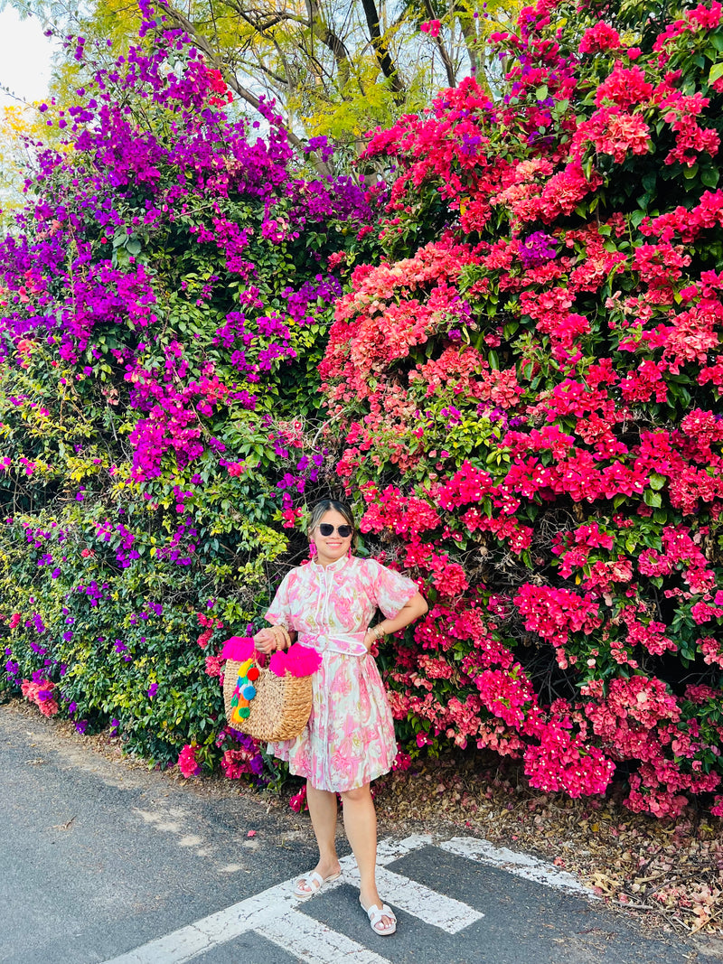 THE LEONA DRESS- PINK/WHITE PATTERN