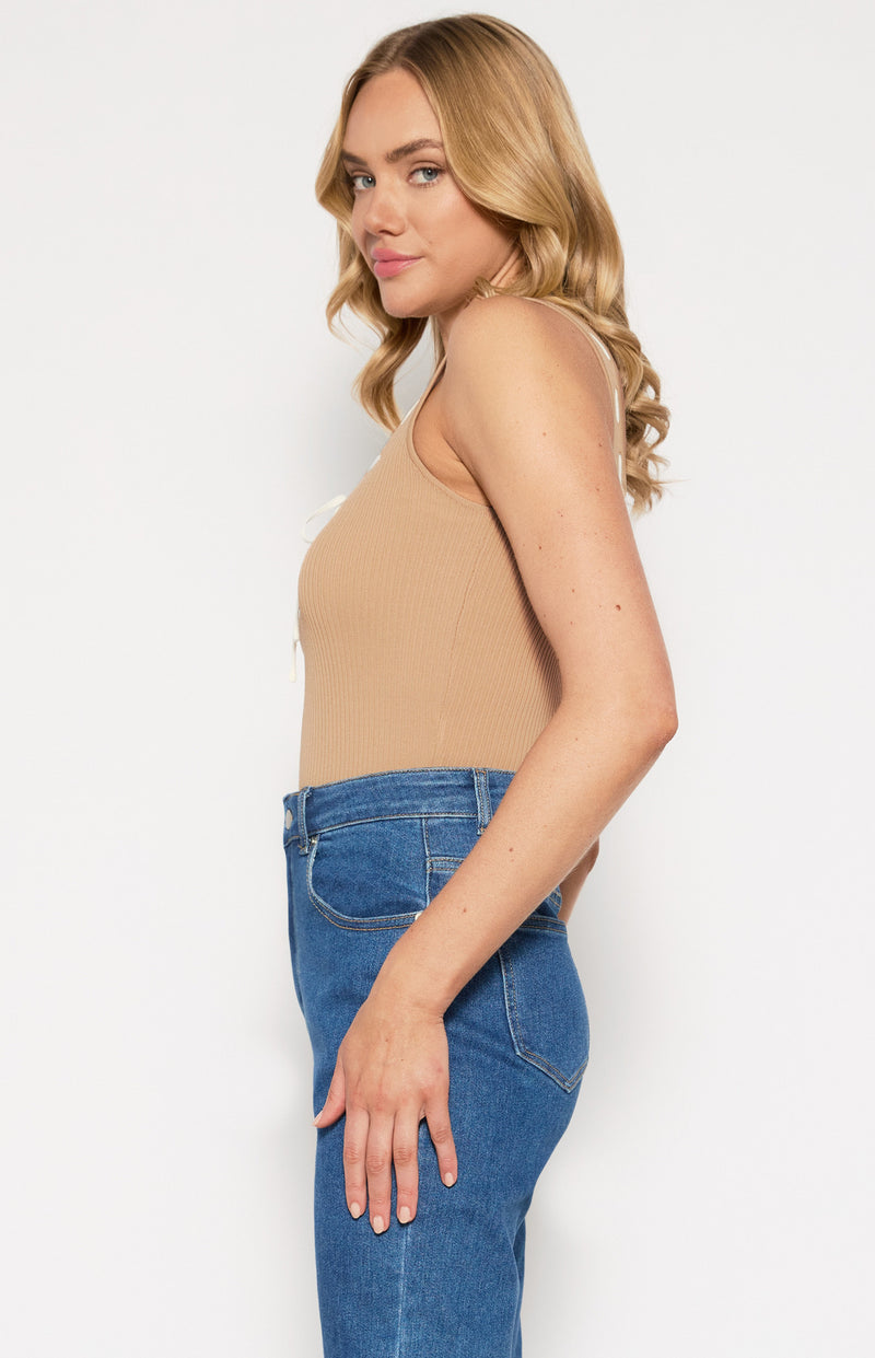 Brigette Contrast Stitch Knit Top / Camel