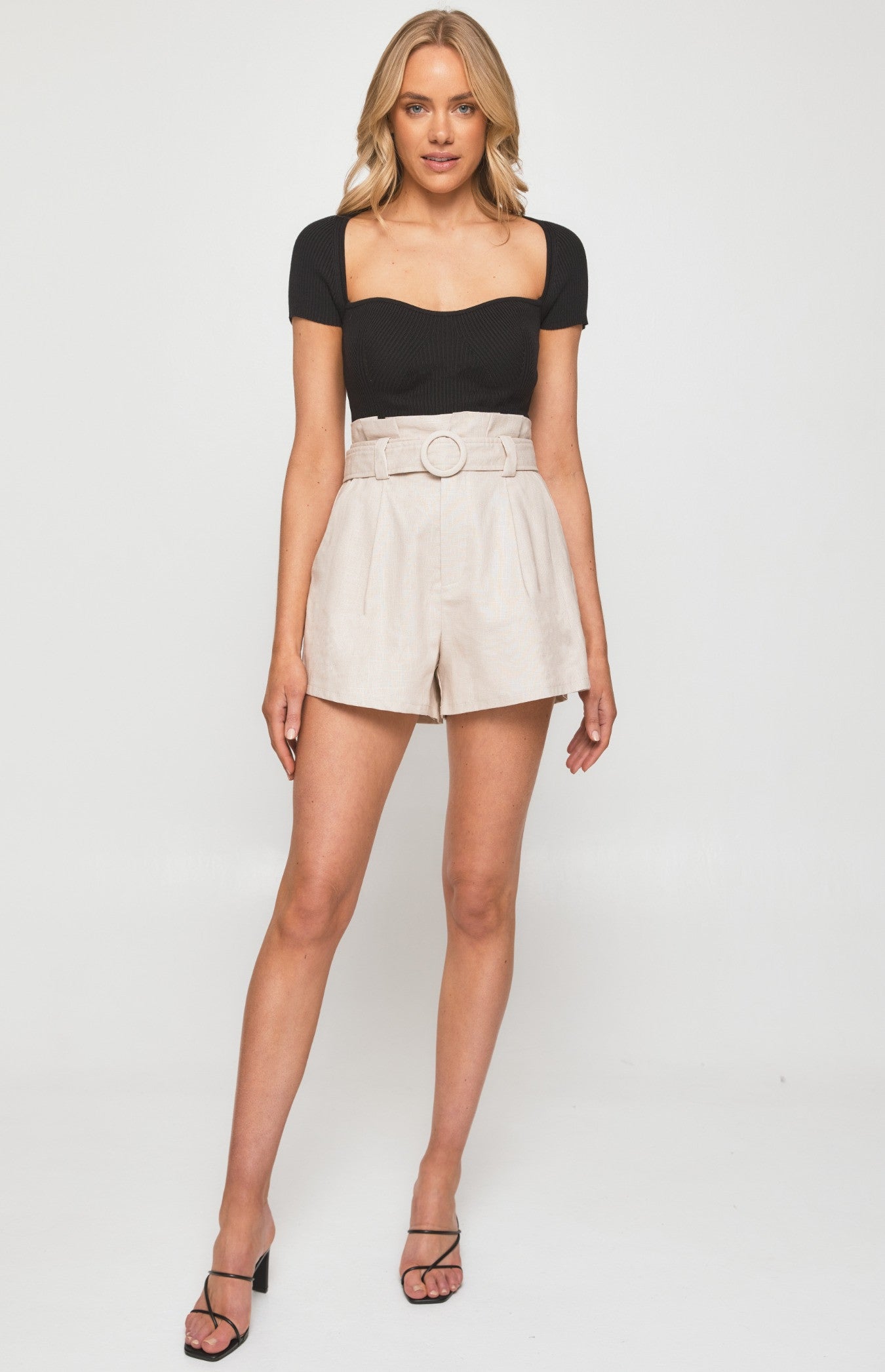 WINNIE & CO. High Waisted Paper Bag Shorts with Circle Buckle Detail / Beige