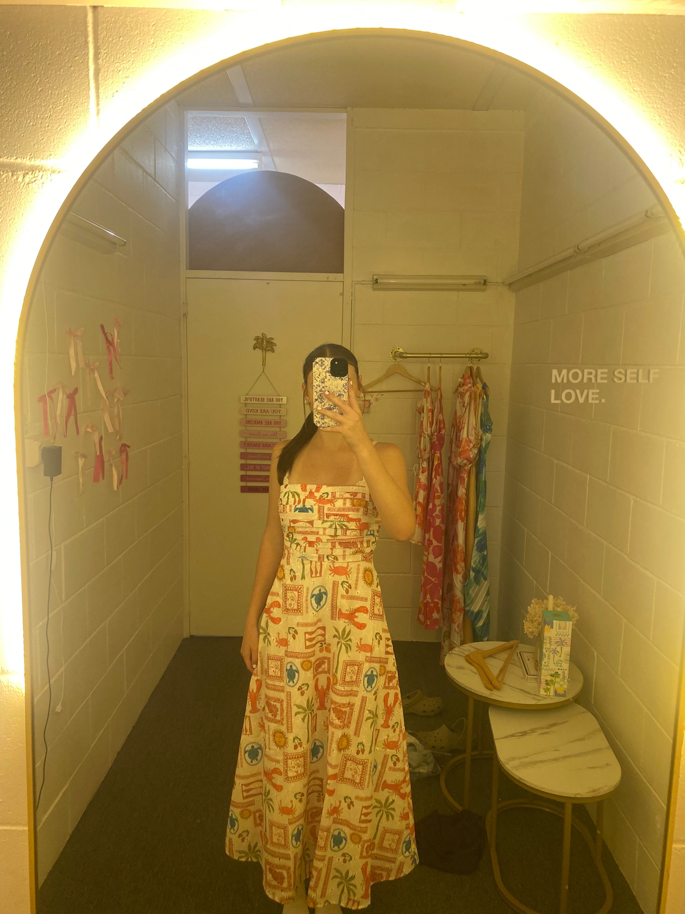 COASTAL ESCAPE STRAPLESS MIDI DRESS