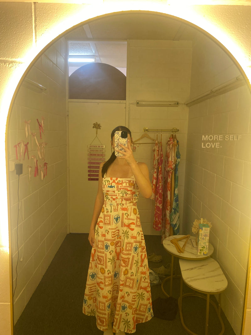 COASTAL ESCAPE STRAPLESS MIDI DRESS