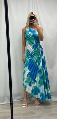 AQUA BLOOM ONE SHOULDER PLEATED DRESS