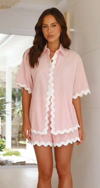 SCALLOP BUTTON-UP TOP AND SHORT SET- PALE PINK/WHITE