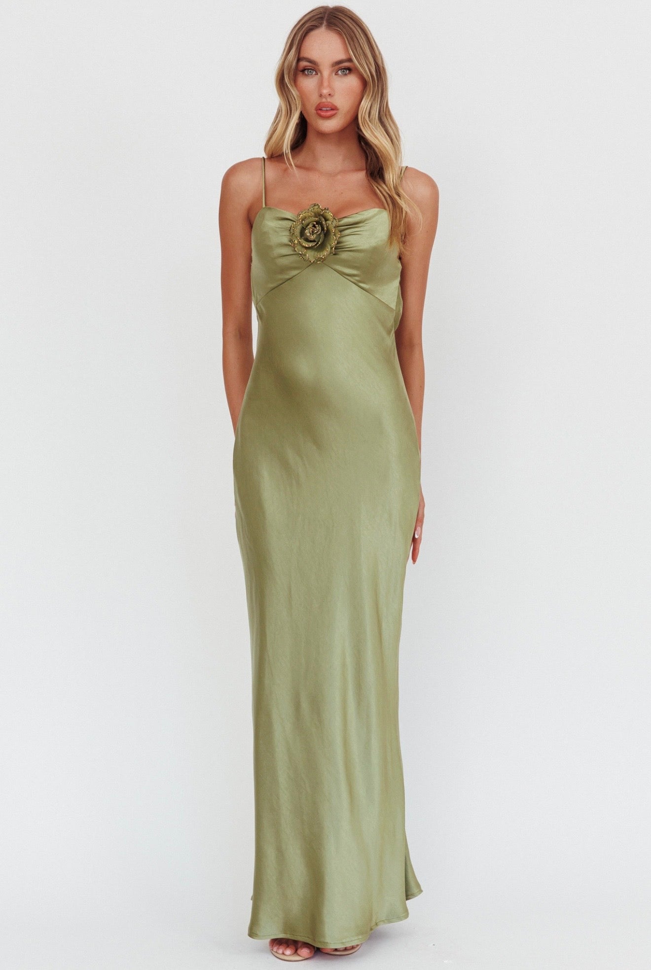 OLIVIA ROSE SATIN MAXI DRES – OLIVE