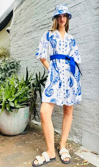 SIENNA DRESS- WHITE/BLUE PRINT