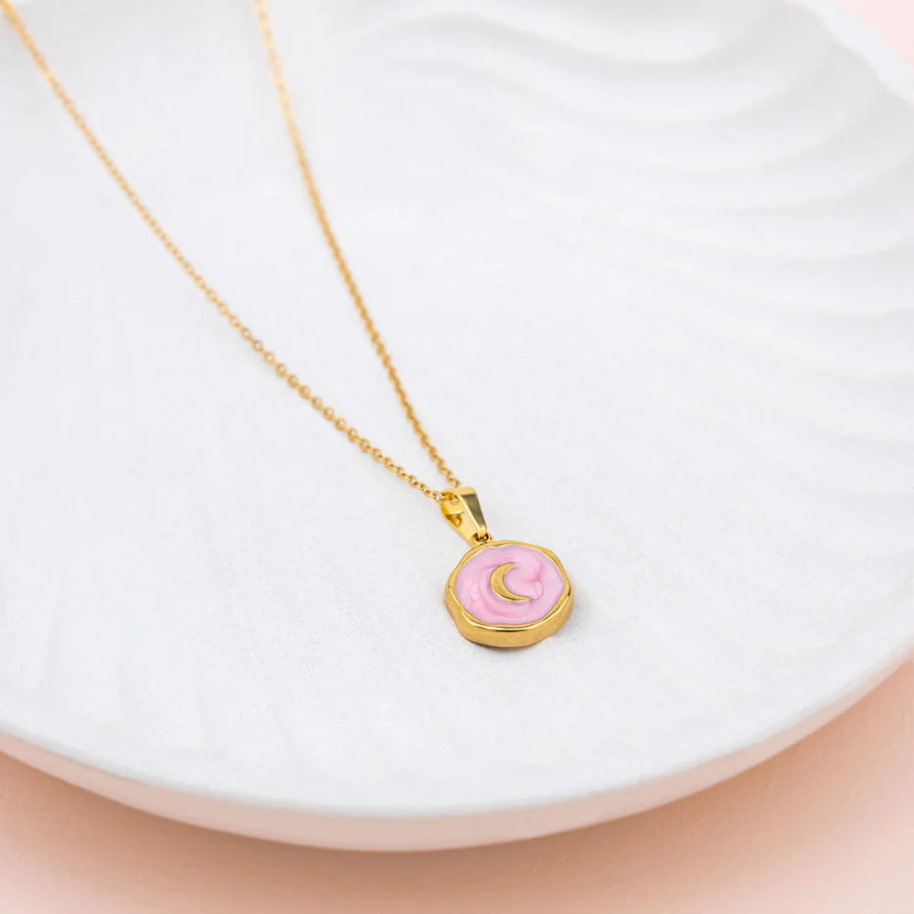 SHORT | Pink Enamel with Gold Moon Pendant Necklace