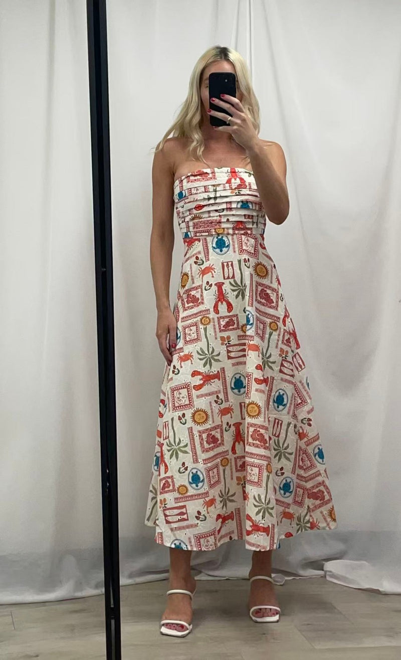 COASTAL ESCAPE STRAPLESS MIDI DRESS