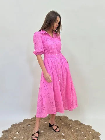 RADIANT ROSE BRODERIE MIDI DRESS