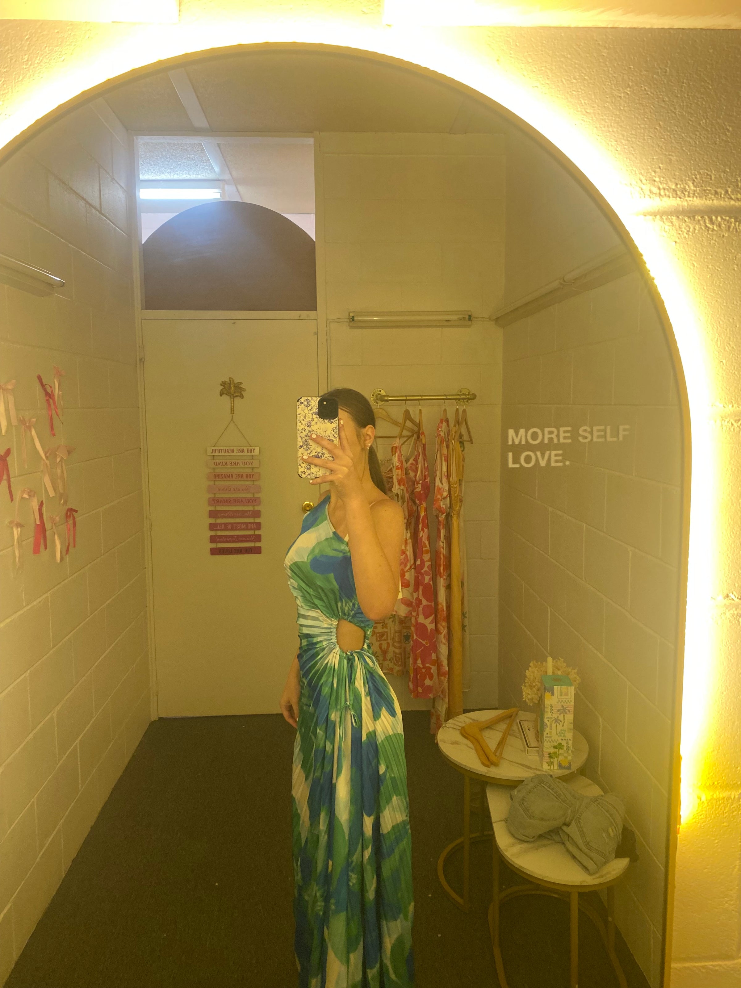 AQUA BLOOM ONE SHOULDER PLEATED DRESS