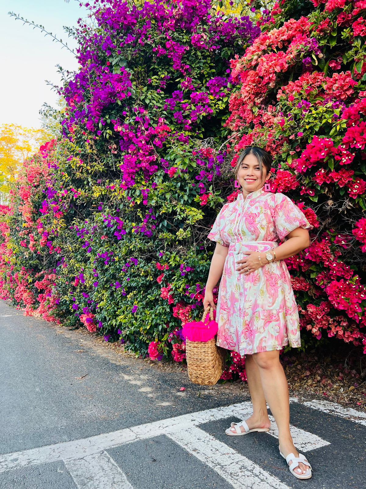 THE LEONA DRESS- PINK/WHITE PATTERN