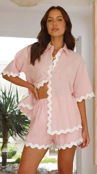 SCALLOP BUTTON-UP TOP AND SHORT SET- PALE PINK/WHITE