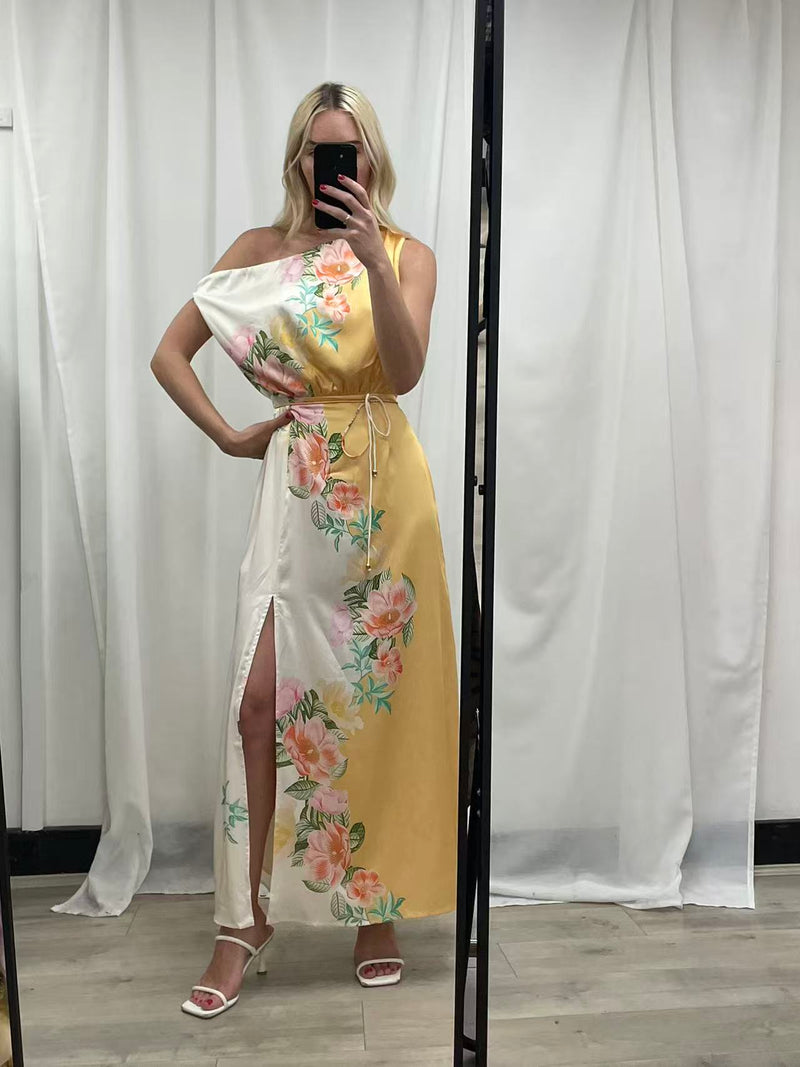 SUNSET BLOOMS ASYMMETRIC MAXI DRESS