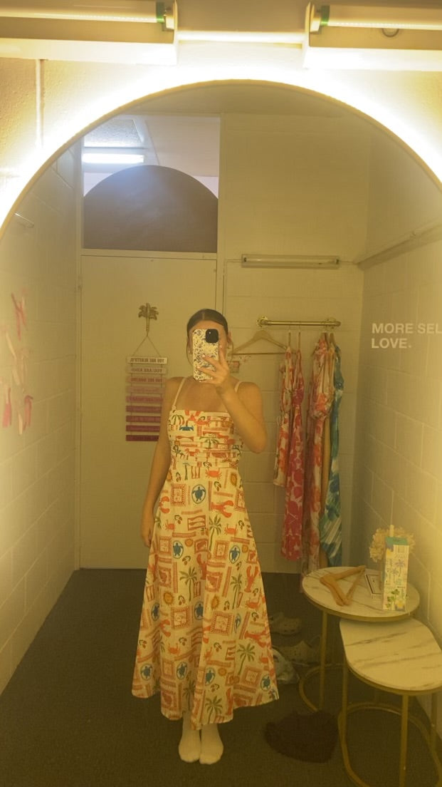 COASTAL ESCAPE STRAPLESS MIDI DRESS