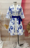 SIENNA DRESS- WHITE/BLUE PRINT