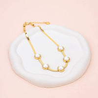 YELLOW GOLD WIDE SNAKE CHAIN WITH PEARLS- SHORT NECKLACE