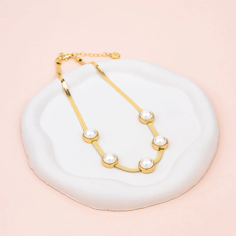YELLOW GOLD WIDE SNAKE CHAIN WITH PEARLS- SHORT NECKLACE