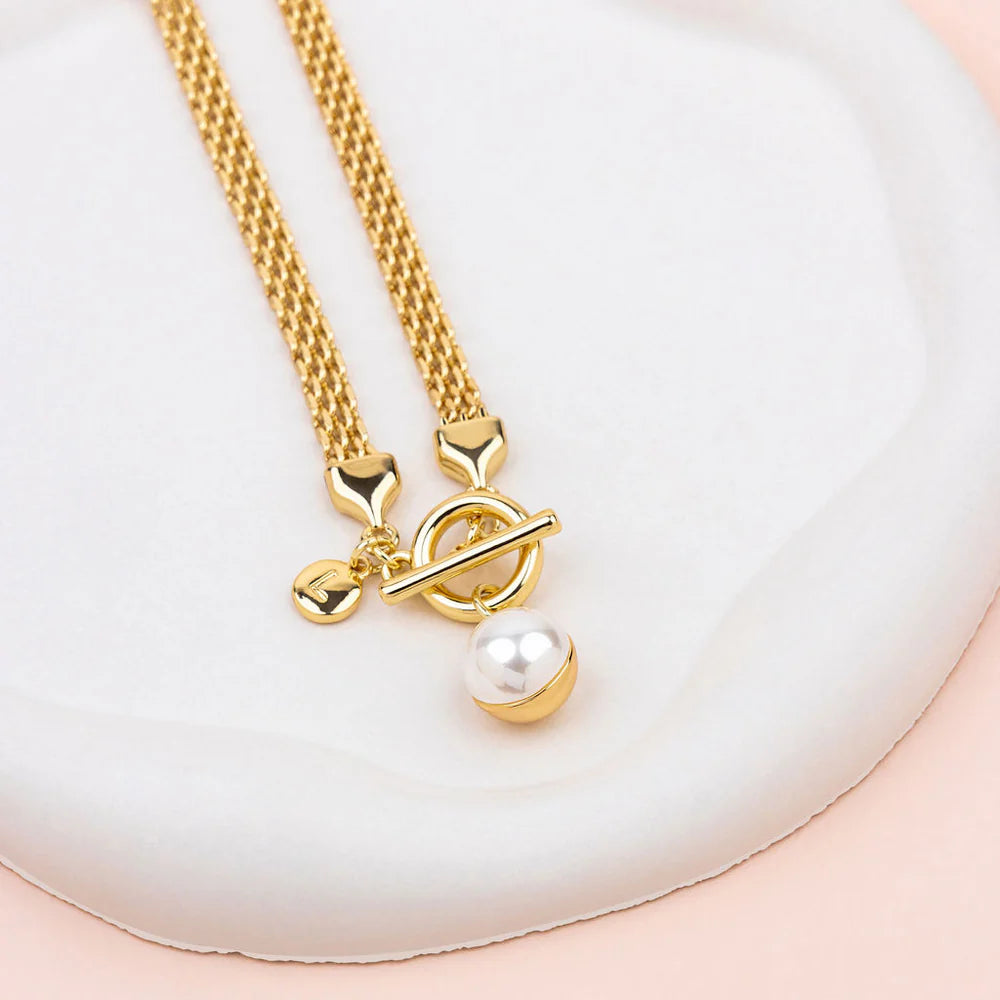 YELLOW GOLD CHAIN WITH DOUBLE SIDED PEARL/METAL PENDANT NECKLACE