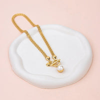 YELLOW GOLD CHAIN WITH DOUBLE SIDED PEARL/METAL PENDANT NECKLACE
