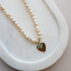YELLOW GOLD & PEARL HEART ON FRESH WATER PEARL NECKLACE
