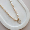 YELLOW GOLD & PEARL HEART ON FRESH WATER PEARL NECKLACE