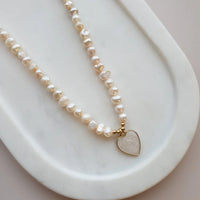 YELLOW GOLD & PEARL HEART ON FRESH WATER PEARL NECKLACE