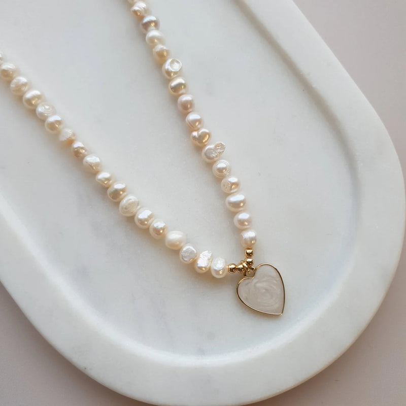 YELLOW GOLD & PEARL HEART ON FRESH WATER PEARL NECKLACE