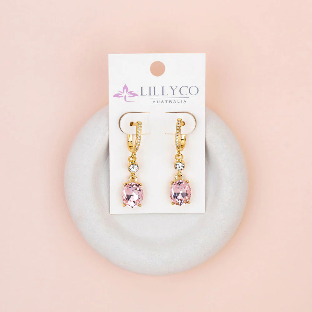 YELLOW GOLD PLATING WITH CLEAR & PINK CRYSTAL EARRINGS