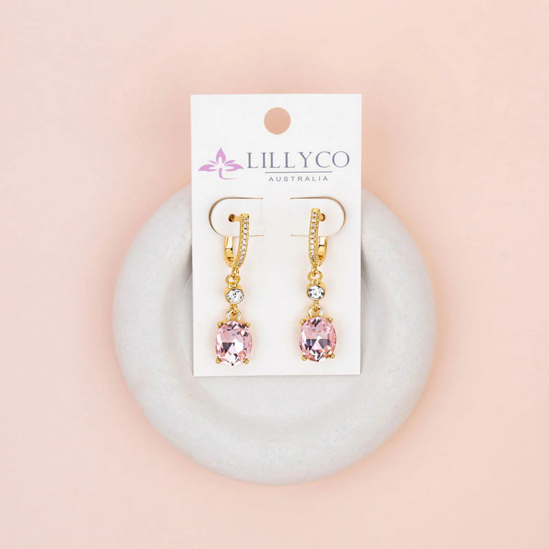 YELLOW GOLD PLATING WITH CLEAR & PINK CRYSTAL EARRINGS