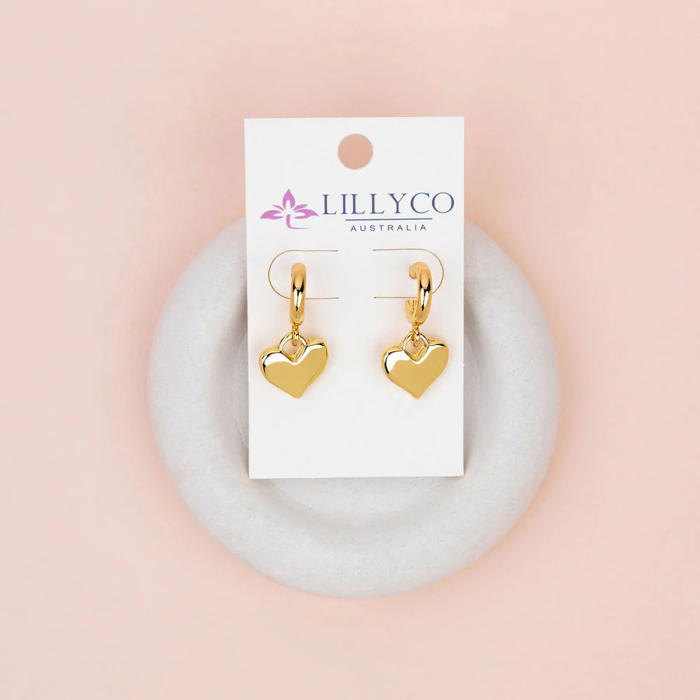 SOLID YELLOW GOLD DROP HEART EARRINGS