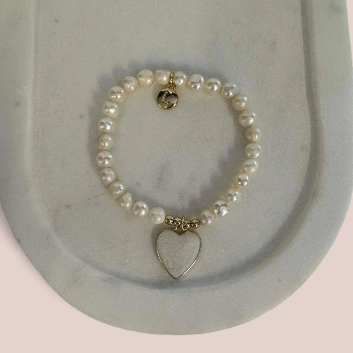 Yellow Gold & Pearl Heart on Fresh Water Pearls Bracelet