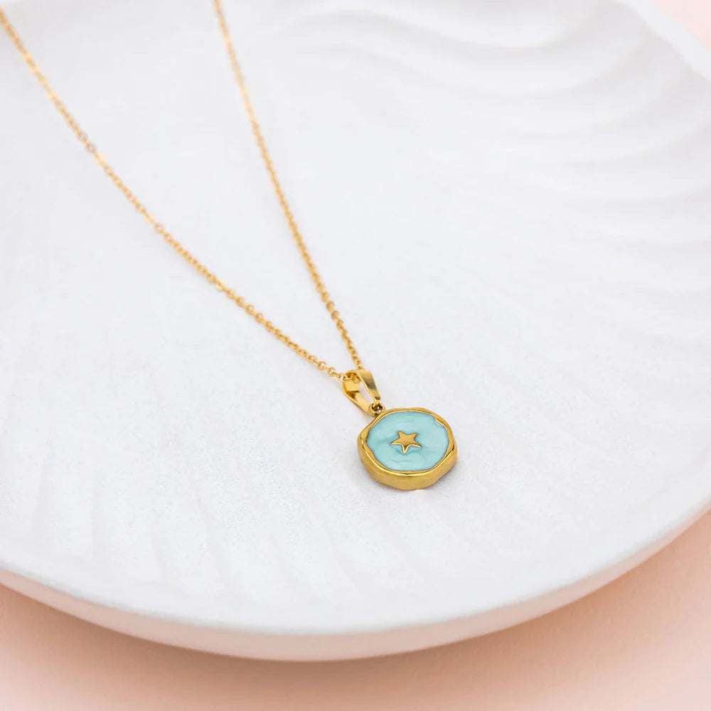 SHORT | Turquoise Enamel with Gold Star Pendant Necklace