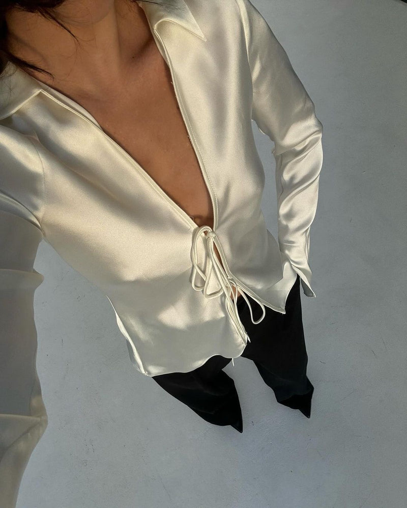 GIGI SATIN TIE FRONT BLOUSE- IVORY