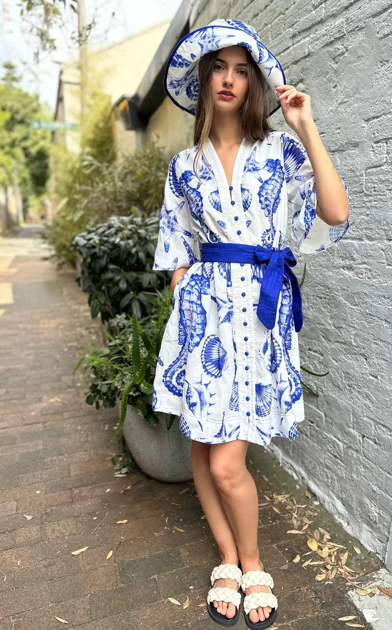 SIENNA DRESS- WHITE/BLUE PRINT