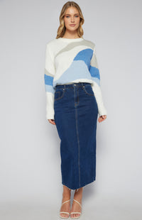 ALENA KNIT SWEATER- BLUE ABSTRACT