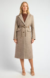 FAUX WOOL SINGLE BREASTED HERRINGBONE COAT WITH BELT ACCESSORY- CHOCOLATE