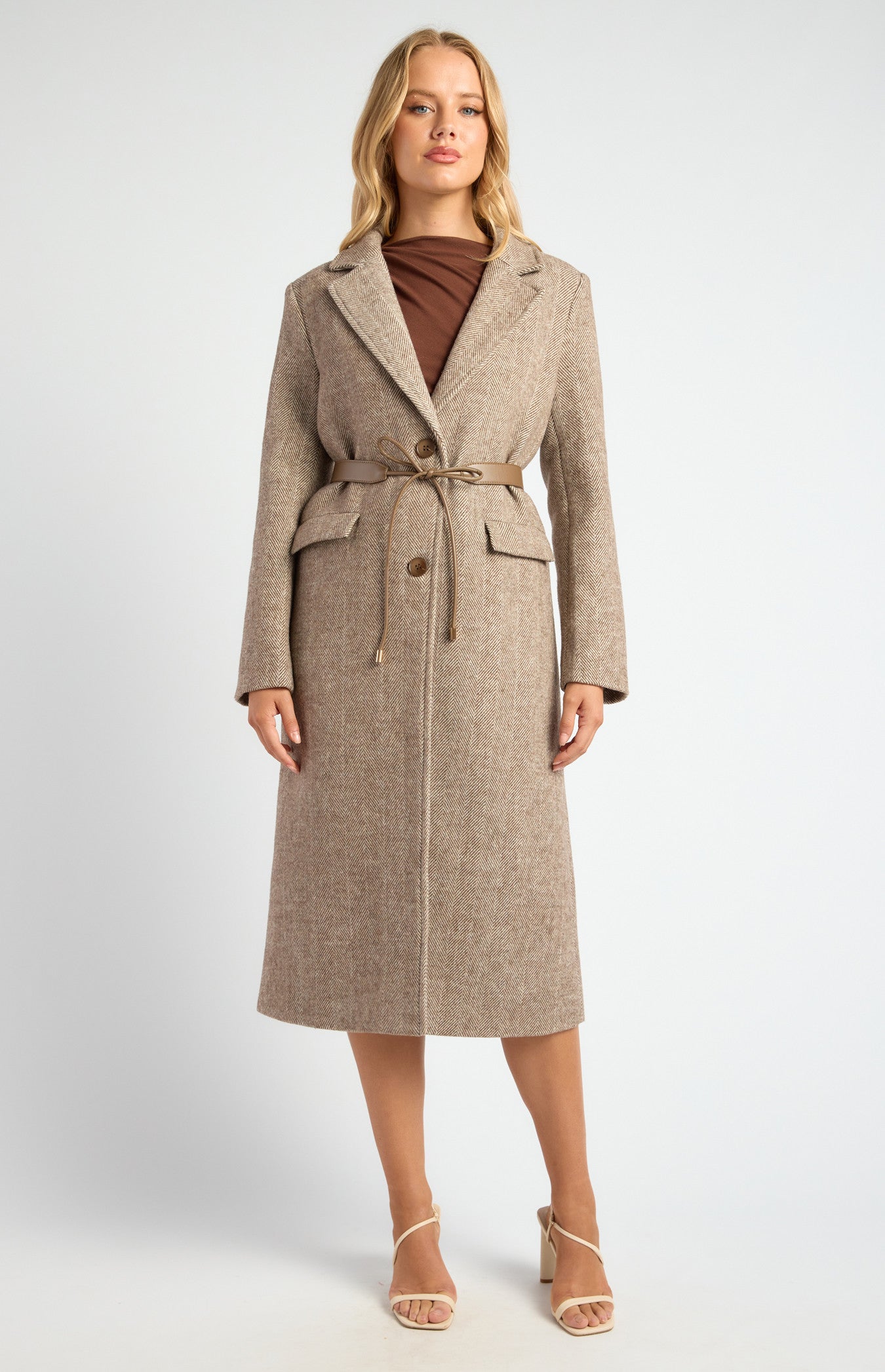 FAUX WOOL SINGLE BREASTED HERRINGBONE COAT WITH BELT ACCESSORY- CHOCOLATE
