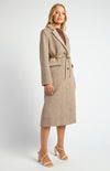 FAUX WOOL SINGLE BREASTED HERRINGBONE COAT WITH BELT ACCESSORY- CHOCOLATE