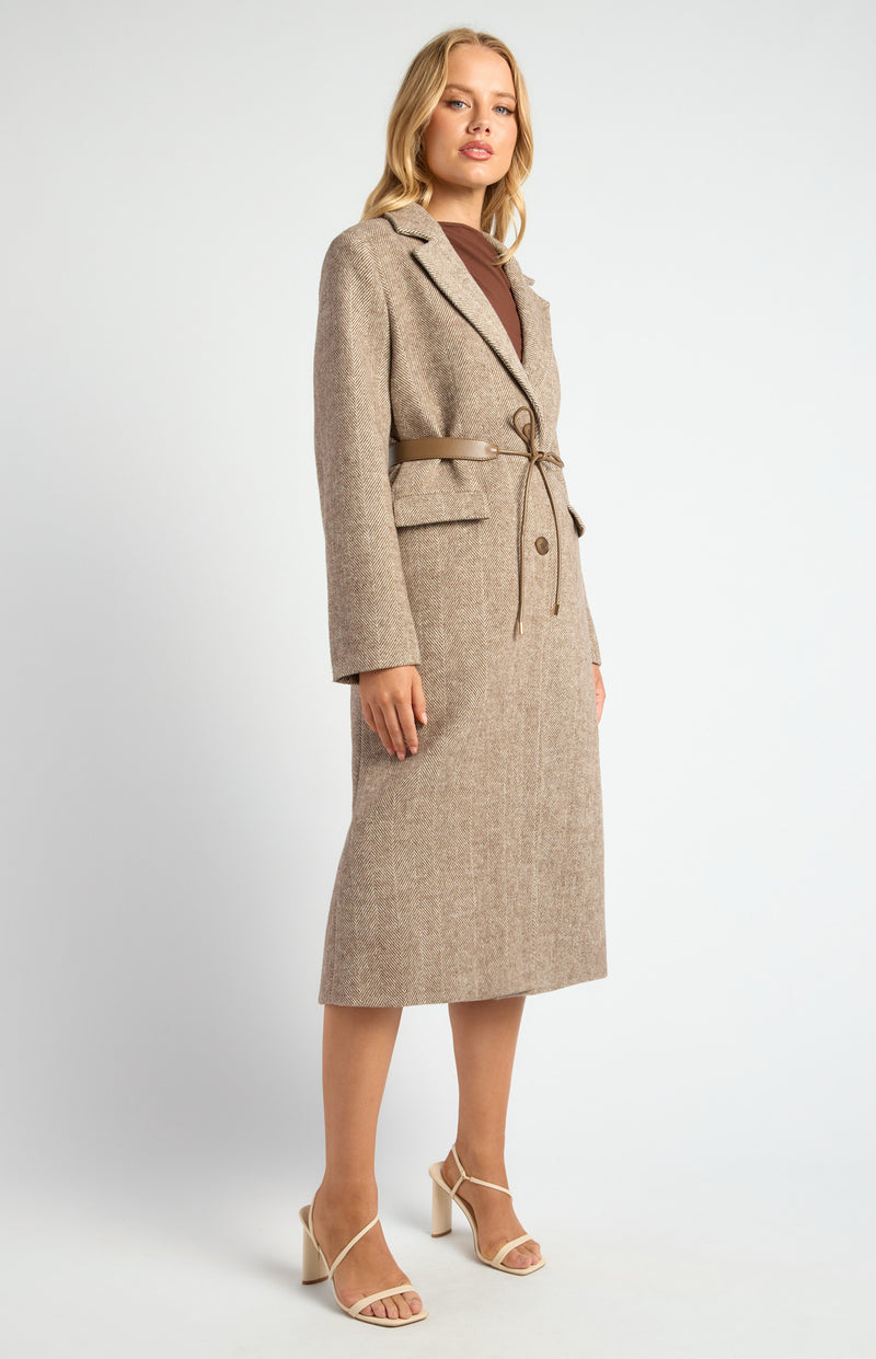 FAUX WOOL SINGLE BREASTED HERRINGBONE COAT WITH BELT ACCESSORY- CHOCOLATE