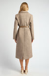 FAUX WOOL SINGLE BREASTED HERRINGBONE COAT WITH BELT ACCESSORY- CHOCOLATE