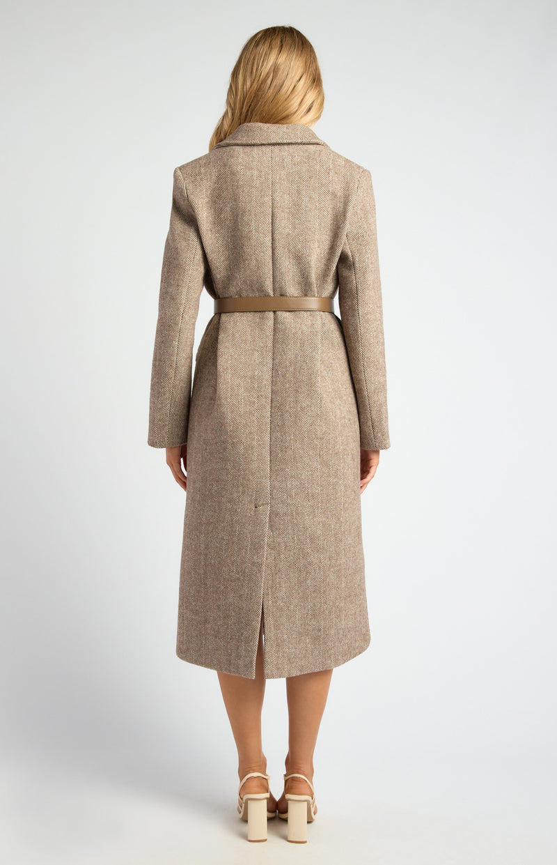 FAUX WOOL SINGLE BREASTED HERRINGBONE COAT WITH BELT ACCESSORY- CHOCOLATE