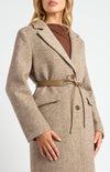 FAUX WOOL SINGLE BREASTED HERRINGBONE COAT WITH BELT ACCESSORY- CHOCOLATE