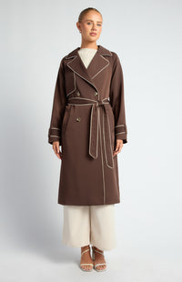 CONTRAST BINDING LONGLINE TRENCH COAT- ESPRESSO