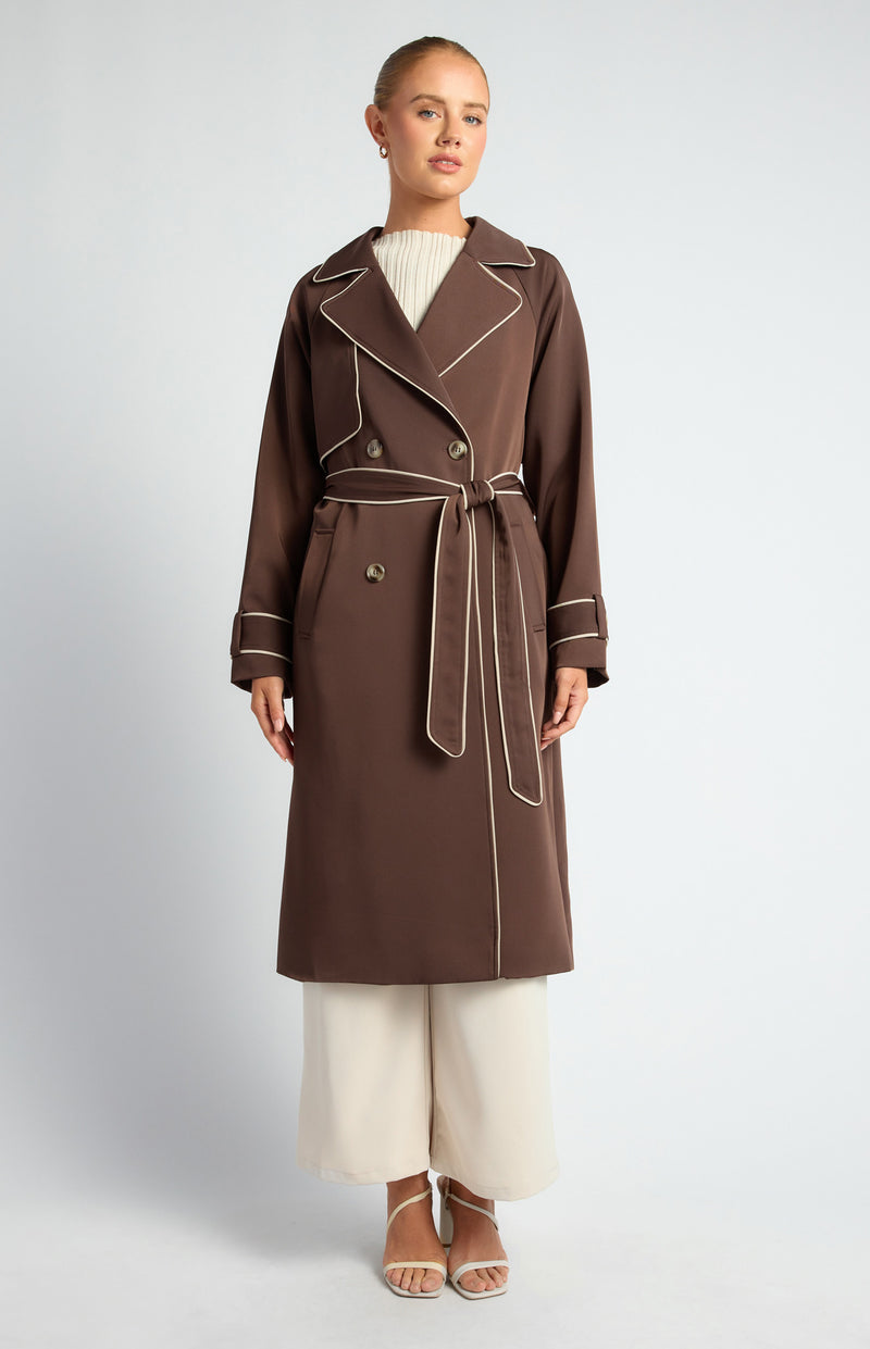 CONTRAST BINDING LONGLINE TRENCH COAT- ESPRESSO