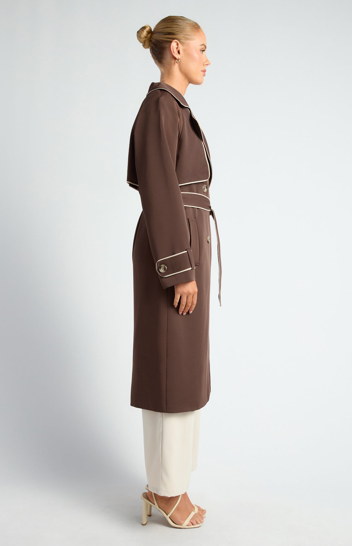 CONTRAST BINDING LONGLINE TRENCH COAT- ESPRESSO