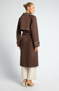 CONTRAST BINDING LONGLINE TRENCH COAT- ESPRESSO
